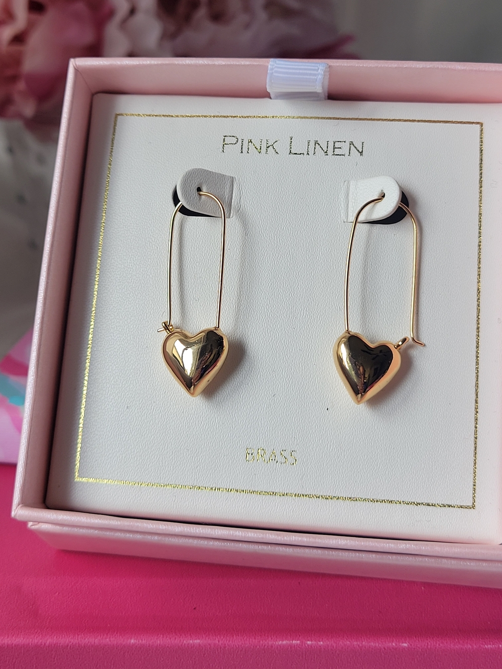 Pink Linen Gold Heart Drop Earrings